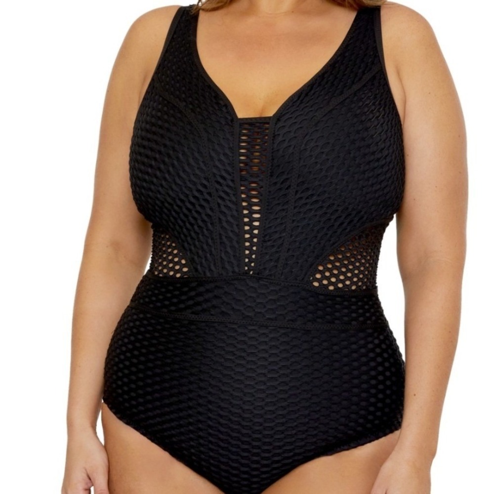 BECCA ETC One Piece Swimsuit Women 2X Black Mesh Plunge retail $158